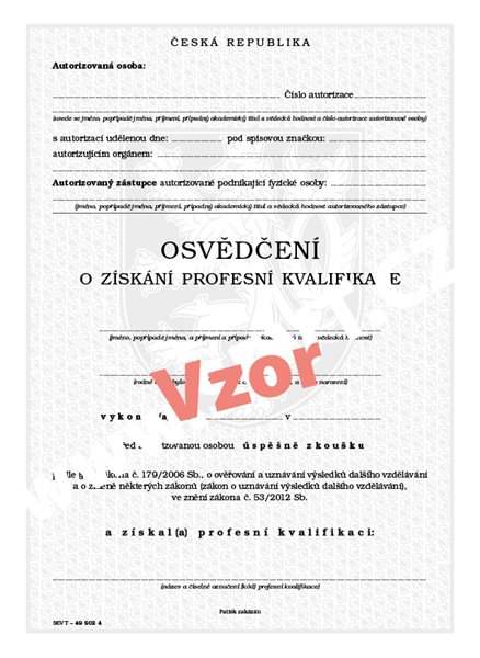 Osvědčení o získání profesní kvalifikace (fyzické osoby) - 210 x 287 mm