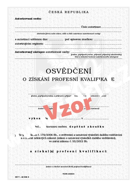 Osvědčení o získání profesní kvalifikace (právnické osoby) - 210 x 287 mm